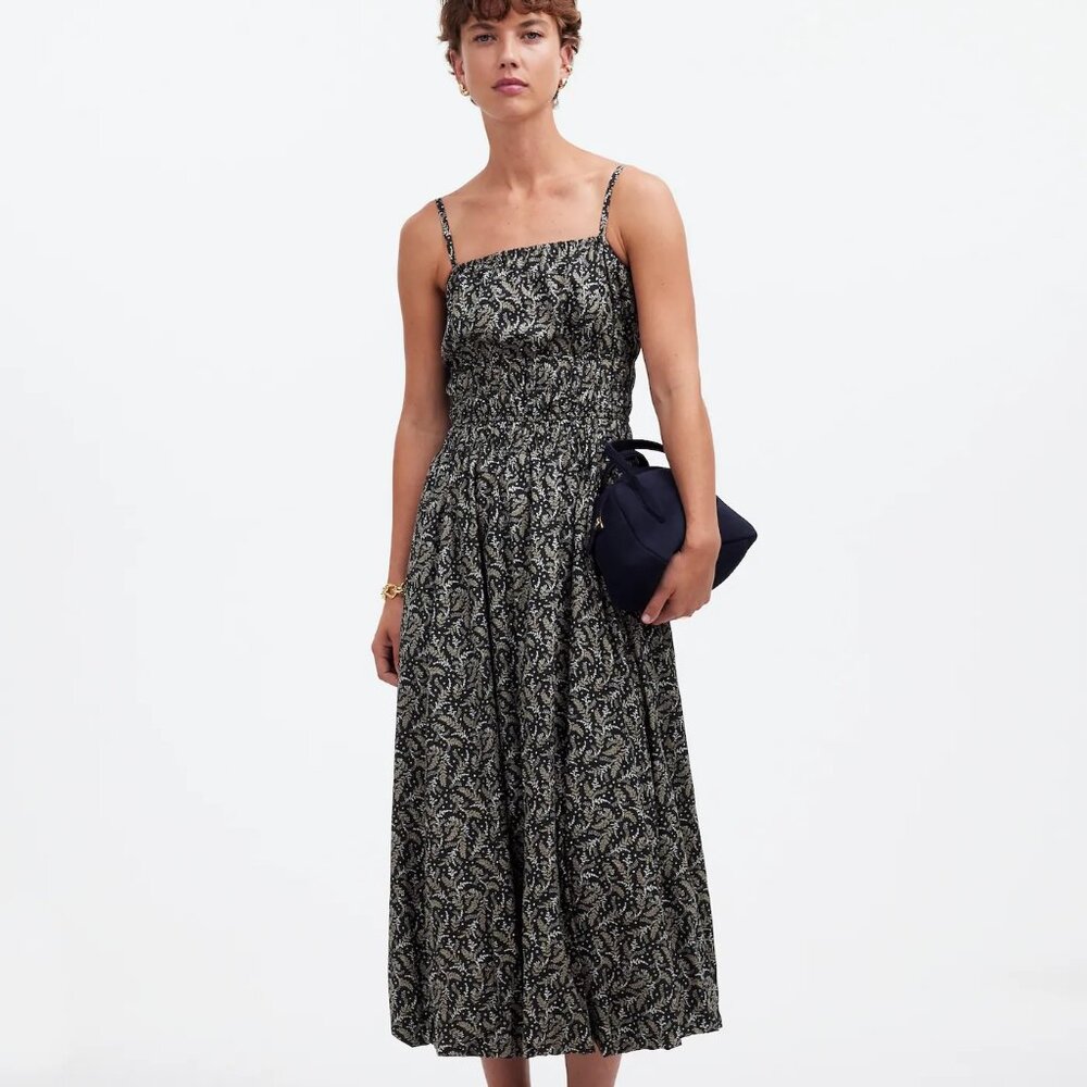 New w/ Tags Madewell Sleeveless Bubble-Hem Midi Black Dress in Floral